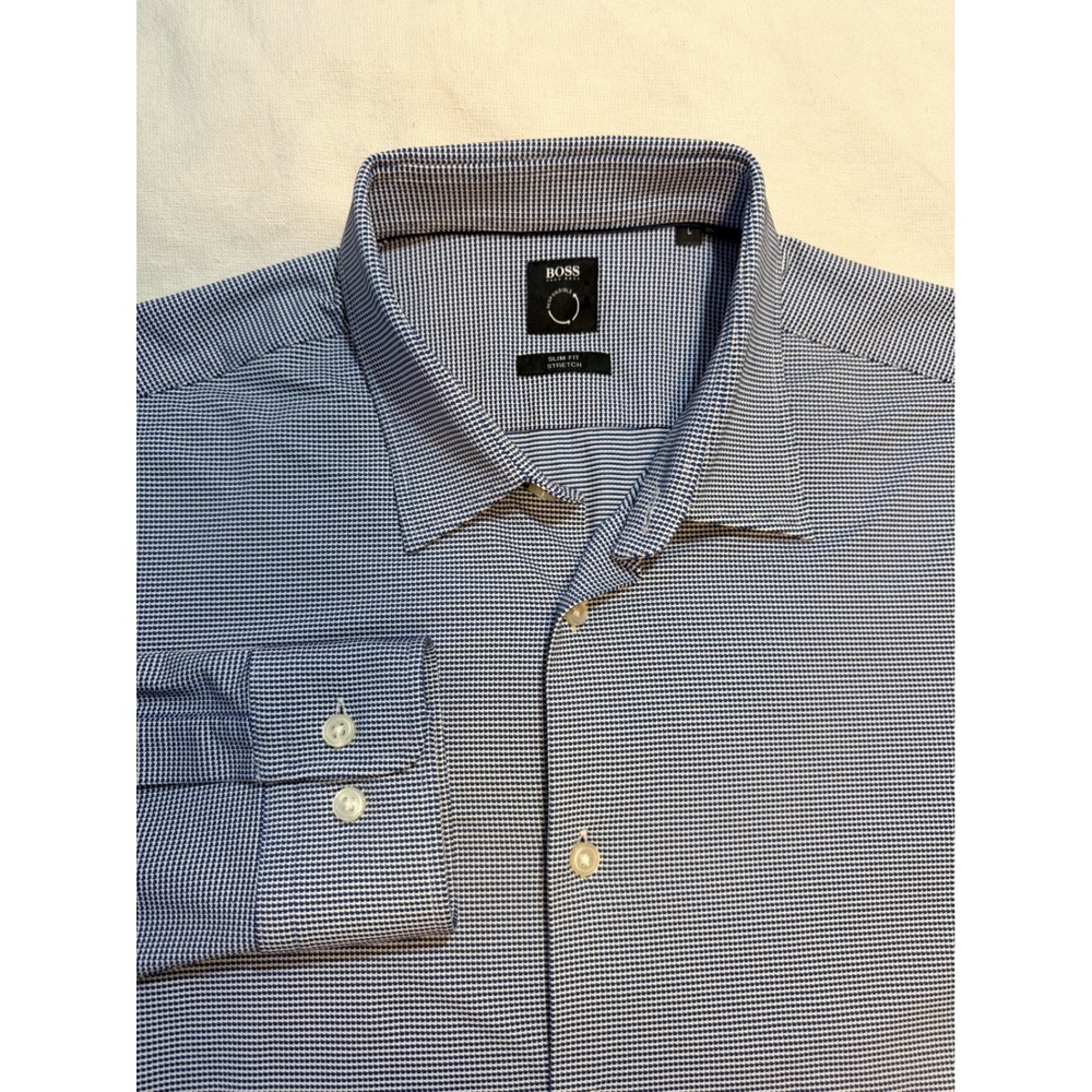 Hugo Boss Slim Fit Stretch Dress Shirt Blue White Micro Pattern Mens Large